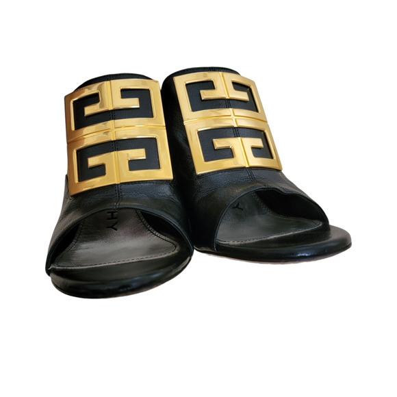 Givenchy Black Leather Logo Monogram 4G Mules Heeled Sandals 7.5 37.5 - Picture 8 of 13